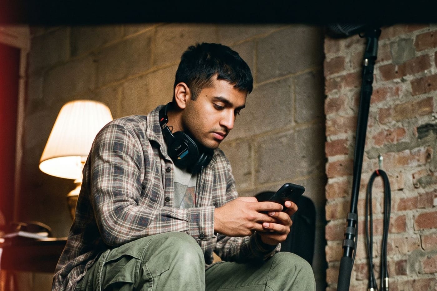 A sound recordist sitting against a brick wall, headphones round his neck, typing on his phone