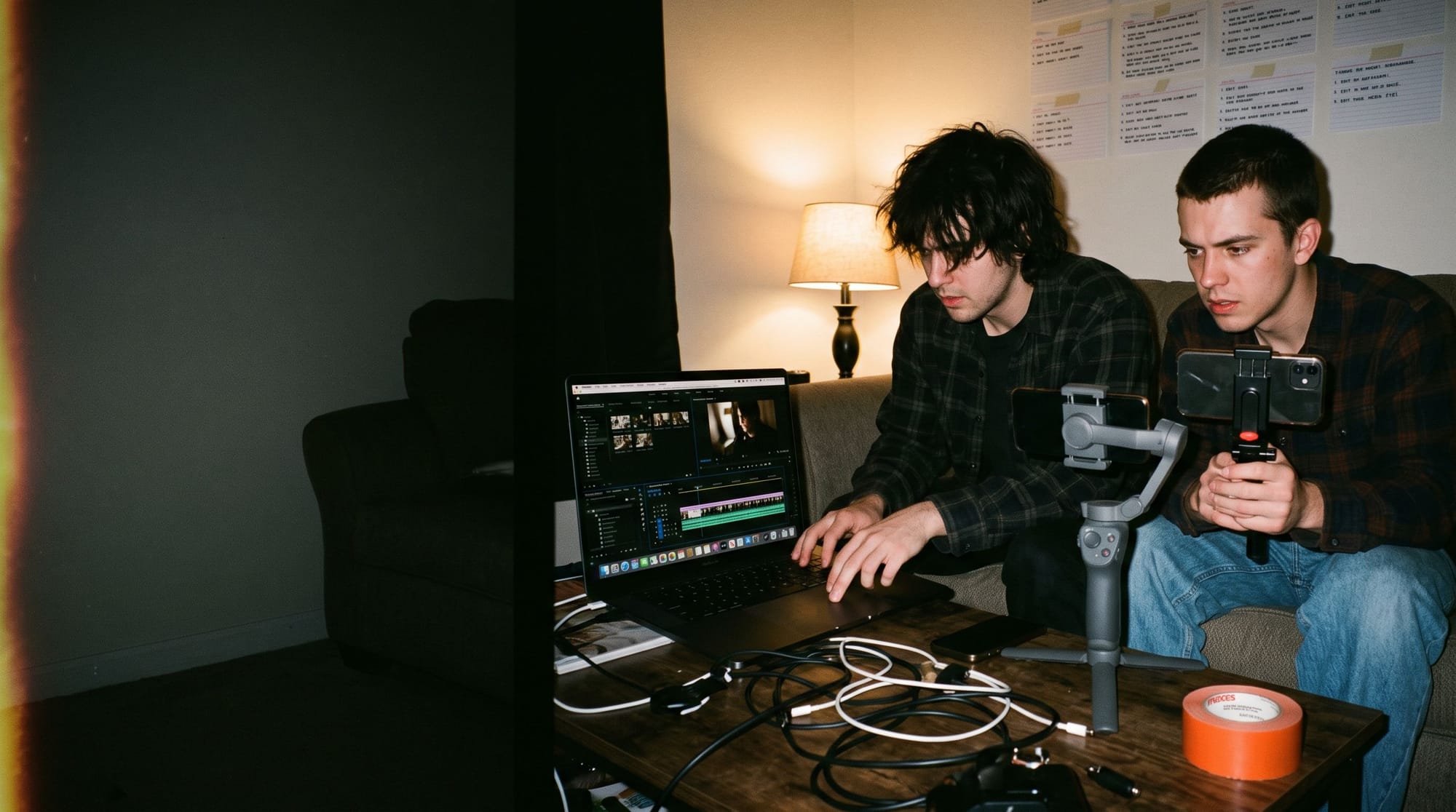 Two editors at a laptop in a front room at night, reviewing a cut with a phone rig on the table